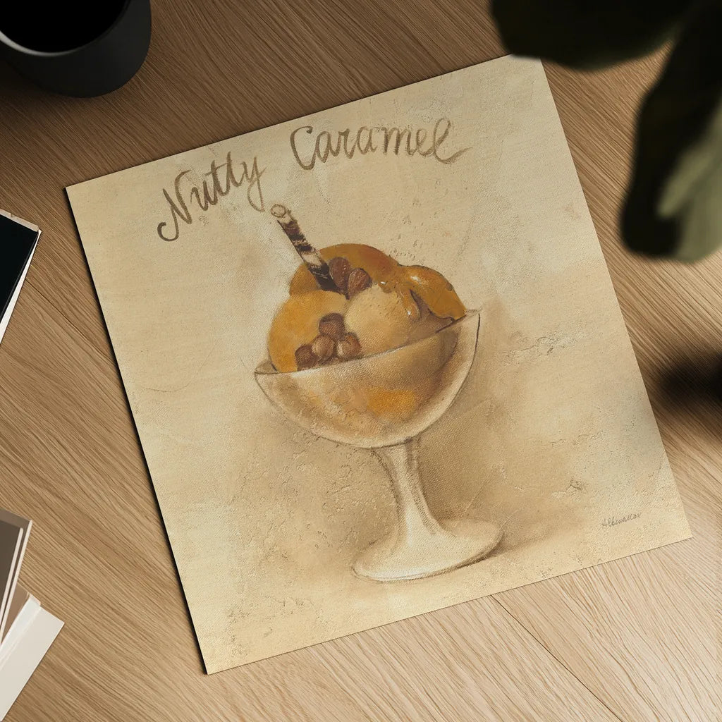 Nutty Caramel Sundae by Albena Hristova. Shown as a detailed flat fine art print, highlighting archival giclee quality. Available as an archival giclee rolled canvas, fine art paper, or poster print. SKU 54500a.