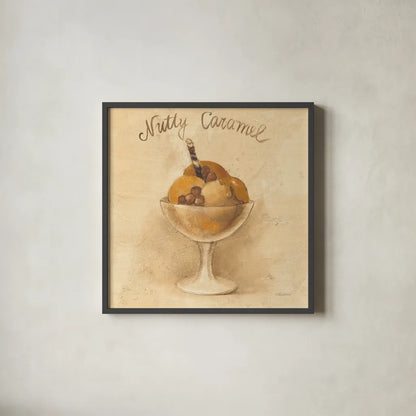 Nutty Caramel Sundae by Albena Hristova. Shown in a sleek black glass frame for a contemporary gallery look. Available as an archival giclee rolled canvas, fine art paper, or poster print. SKU 54500a.