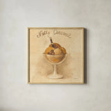 Nutty Caramel Sundae by Albena Hristova. Shown in a natural wood glass frame for a timeless modern aesthetic. Available as an archival giclee rolled canvas, fine art paper, or poster print. SKU 54500a.