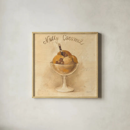 Nutty Caramel Sundae by Albena Hristova. Shown in a natural wood glass frame for a timeless modern aesthetic. Available as an archival giclee rolled canvas, fine art paper, or poster print. SKU 54500a.