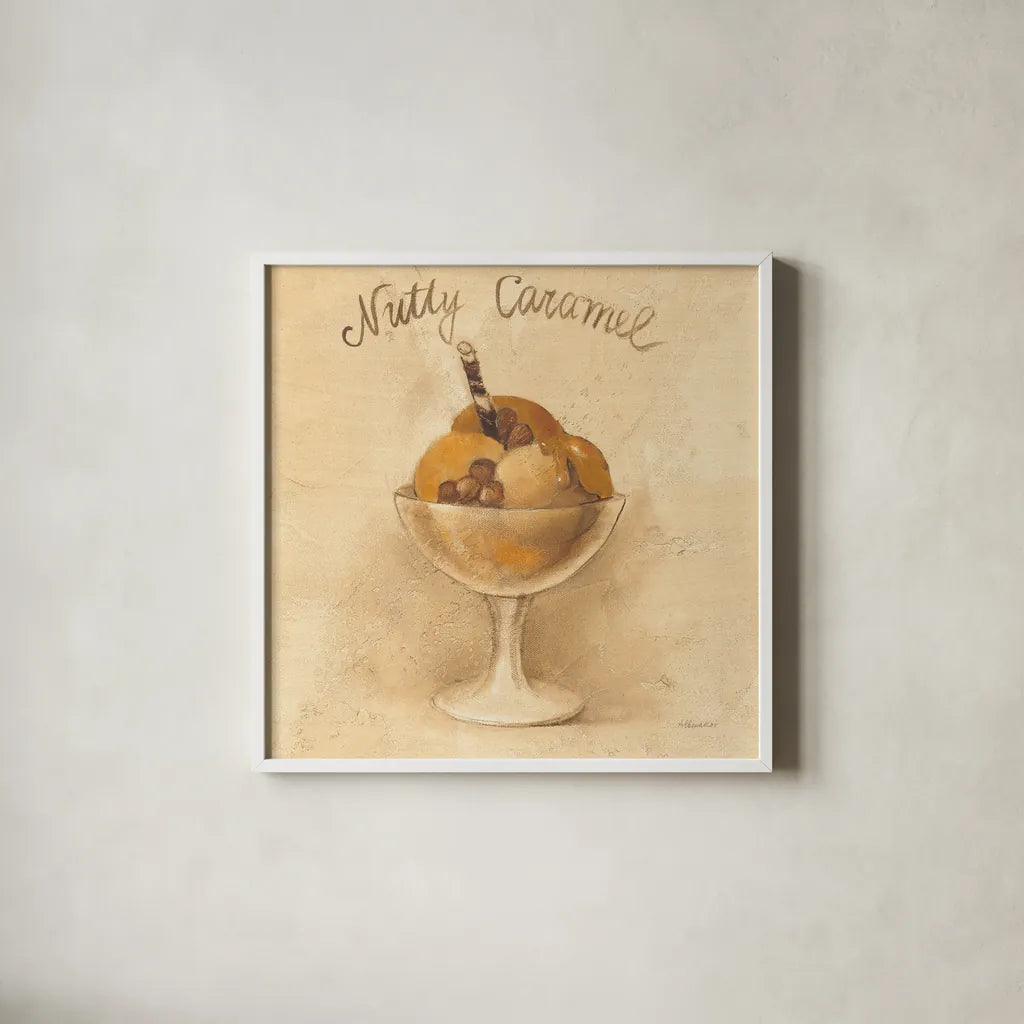 Nutty Caramel Sundae by Albena Hristova. Shown in a crisp white glass frame for a clean and minimalist style. Available as an archival giclee rolled canvas, fine art paper, or poster print. SKU 54500a.