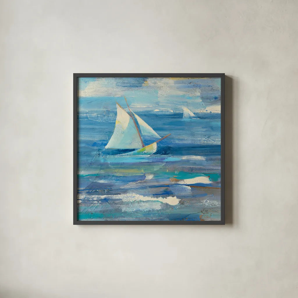 Ocean Sail v.2 Sq by Albena Hristova. Shown in a sleek black glass frame for a contemporary gallery look. Available as an archival giclee rolled canvas, fine art paper, or poster print. SKU 20868a.