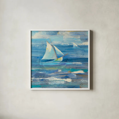 Ocean Sail v.2 Sq by Albena Hristova. Shown in a crisp white glass frame for a clean and minimalist style. Available as an archival giclee rolled canvas, fine art paper, or poster print. SKU 20868a.