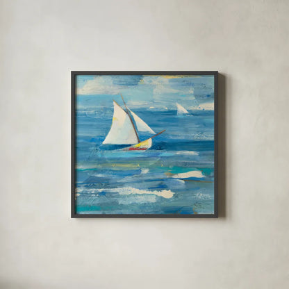 Ocean Sail v2 Light by Albena Hristova. Shown in a sleek black glass frame for a contemporary gallery look. Available as an archival giclee rolled canvas, fine art paper, or poster print. SKU 47773a.