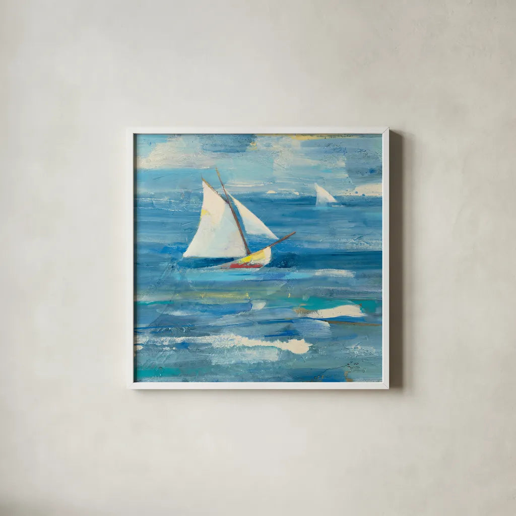 Ocean Sail v2 Light by Albena Hristova. Shown in a crisp white glass frame for a clean and minimalist style. Available as an archival giclee rolled canvas, fine art paper, or poster print. SKU 47773a.