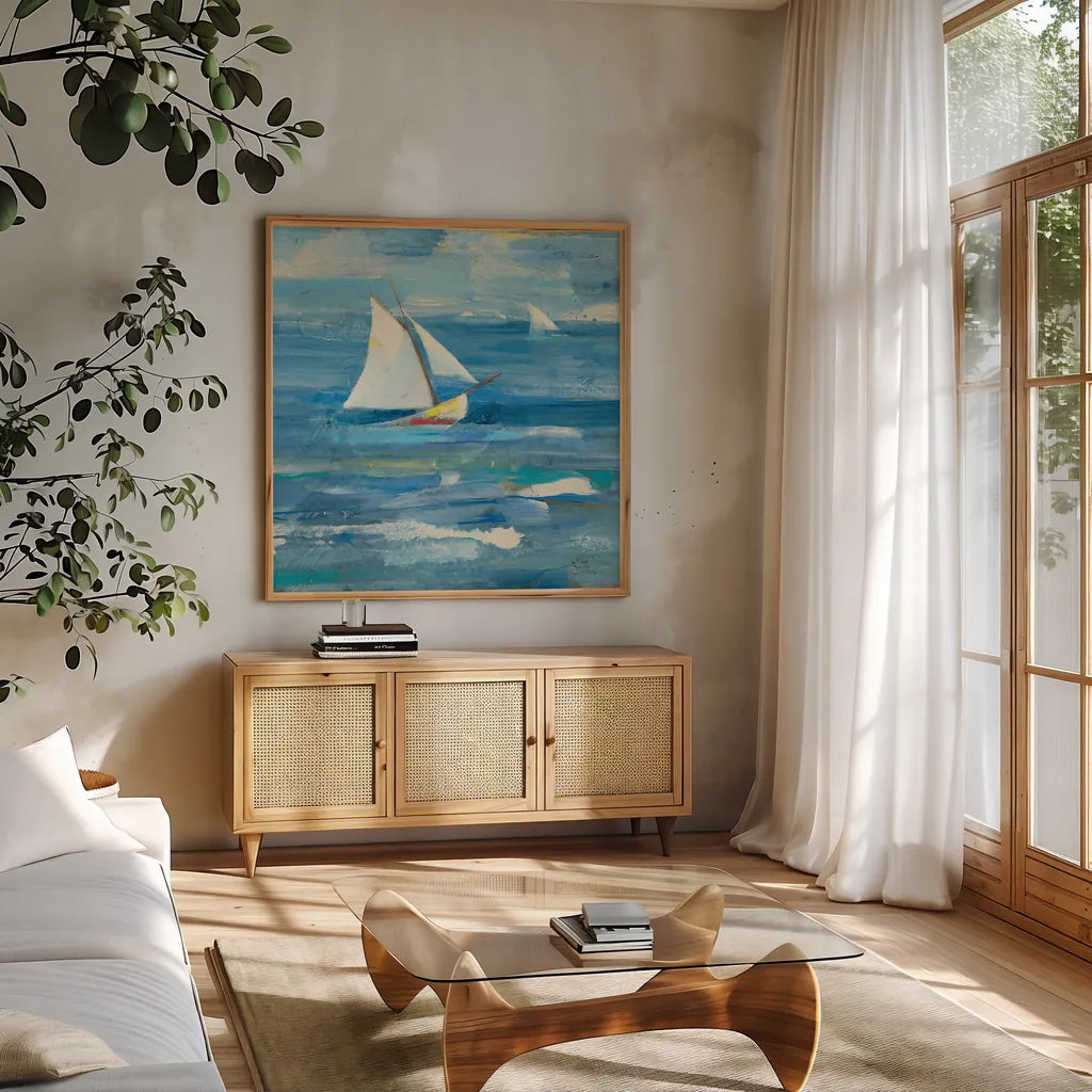 Ocean Sail v2 Light by Albena Hristova. Shown in a natural wood frame in a cozy modern living room. Available as an archival giclee rolled canvas, fine art paper, or poster print. SKU 47773a.