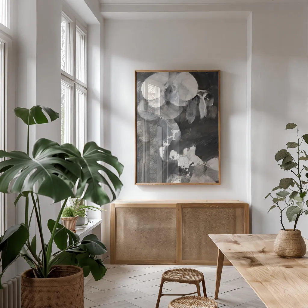 Orchid Splendor I by Albena Hristova. shown as a print in a natural wood frame in a dining room. Available as a archival giclee rolled canvas, fine art paper, or poster print. SKU 64624h.