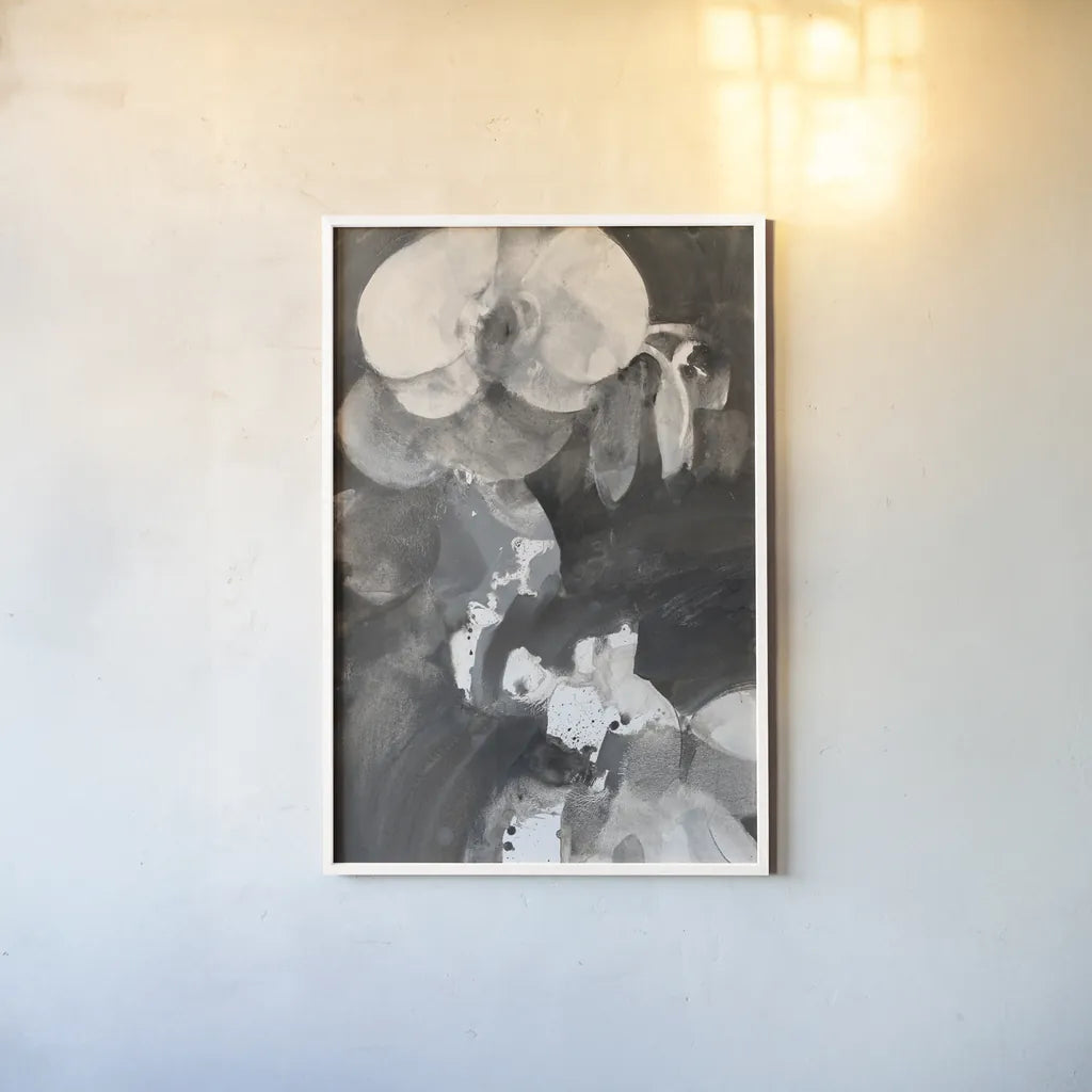 Orchid Splendor I by Albena Hristova. shown as a paper print in a white frame. Available as a archival giclee rolled canvas, fine art paper, or poster print. SKU 64624h.