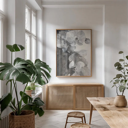 Orchid Splendor II by Albena Hristova. shown as a print in a natural wood frame in a dining room. Available as a archival giclee rolled canvas, fine art paper, or poster print. SKU 64625h.