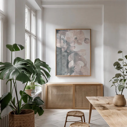 Orchid Splendor II Blush by Albena Hristova. shown as a print in a natural wood frame in a dining room. Available as a archival giclee rolled canvas, fine art paper, or poster print. SKU 82360h.