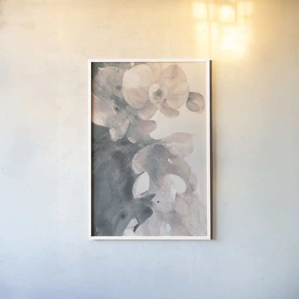 Orchid Splendor II Blush by Albena Hristova. shown as a paper print in a white frame. Available as a archival giclee rolled canvas, fine art paper, or poster print. SKU 82360h.