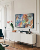 Palm Abstract by Albena Hristova. shown as a framed stretched canvas in a living room above a console. Available as a archival giclee rolled canvas, fine art paper, or poster print. SKU 35193i.