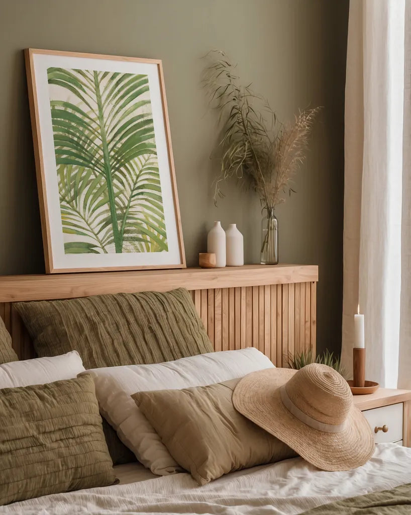 Palms II Bright by Albena Hristova. shown as a paper print in a natural frame. Available as a archival giclee rolled canvas, fine art paper, or poster print. SKU 48328h.