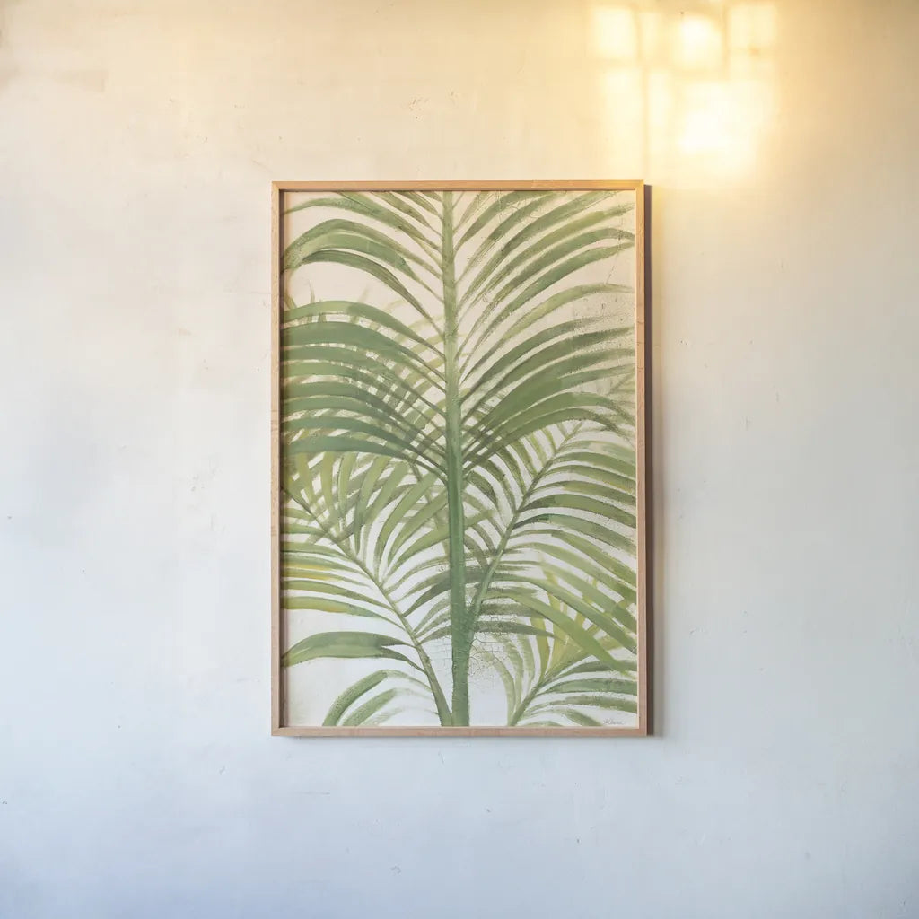 Palms II Bright by Albena Hristova. shown as a paper print in a natural frame. Available as a archival giclee rolled canvas, fine art paper, or poster print. SKU 48328h.