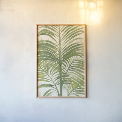 Palms II Bright by Albena Hristova. shown as a paper print in a natural frame. Available as a archival giclee rolled canvas, fine art paper, or poster print. SKU 48328h.