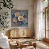 Papaver I by Albena Hristova. Shown in a natural wood frame in a cozy modern living room. Available as an archival giclee rolled canvas, fine art paper, or poster print. SKU 18435a.