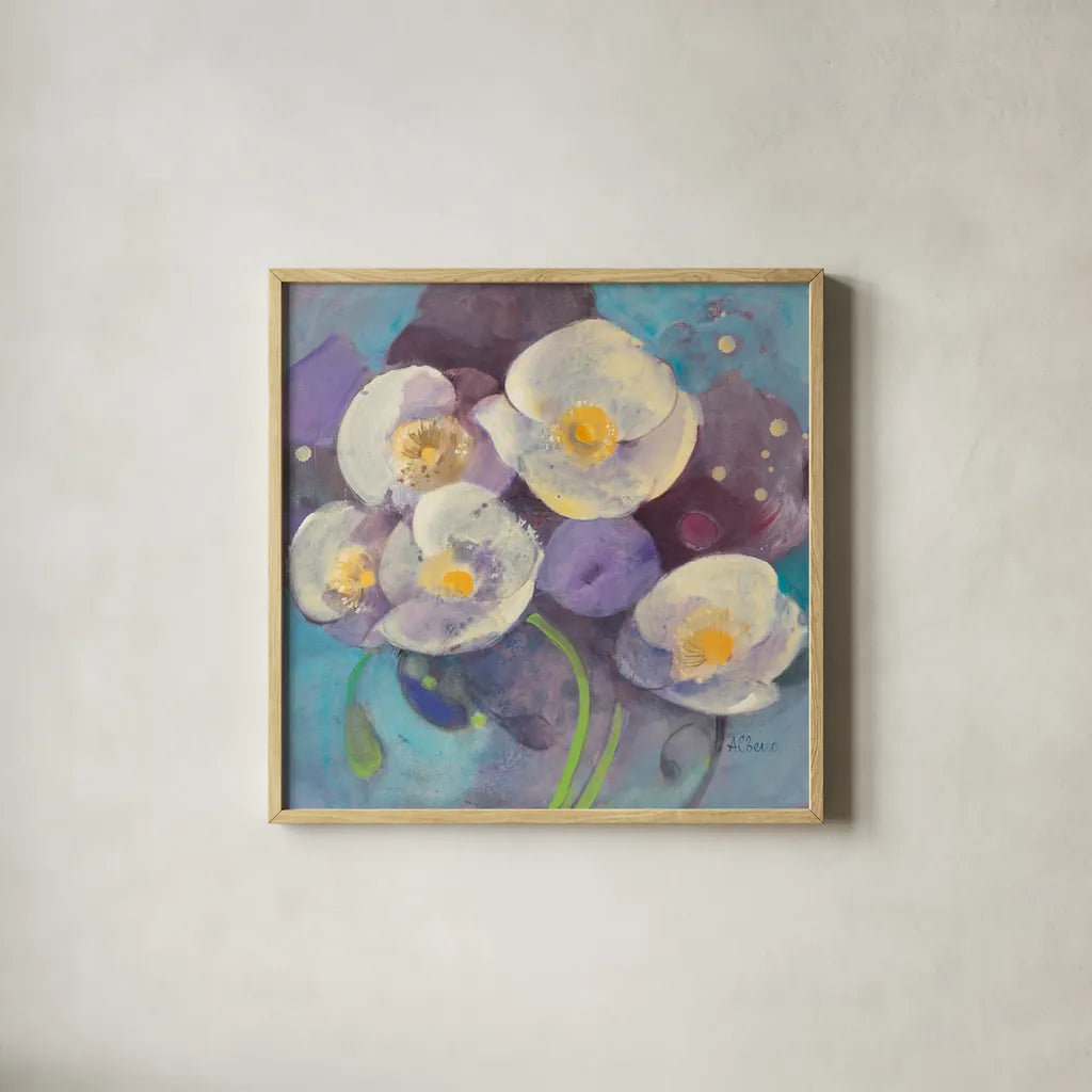 Papaver II by Albena Hristova. Shown in a natural wood glass frame for a timeless modern aesthetic. Available as an archival giclee rolled canvas, fine art paper, or poster print. SKU 18436a.