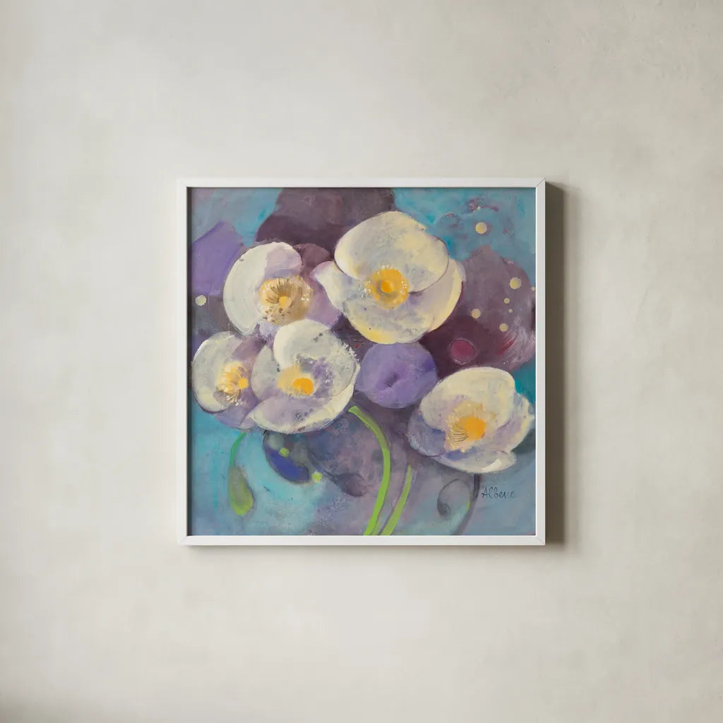 Papaver II by Albena Hristova. Shown in a crisp white glass frame for a clean and minimalist style. Available as an archival giclee rolled canvas, fine art paper, or poster print. SKU 18436a.