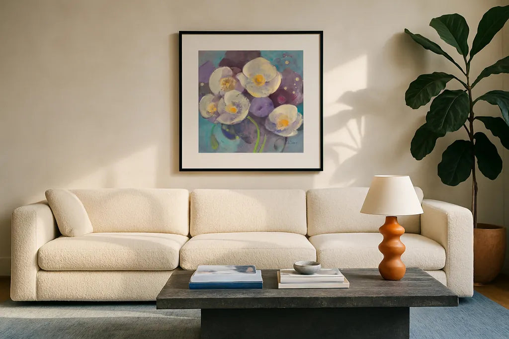 Papaver II by Albena Hristova. Displayed in a glass frame with matte in a clean modern living room. Available as an archival giclee rolled canvas, fine art paper, or poster print. SKU 18436a.