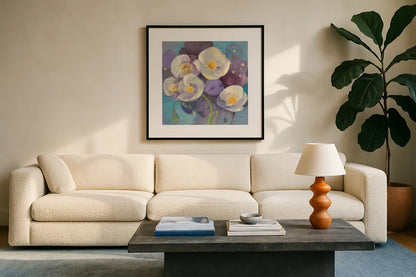 Papaver II by Albena Hristova. Displayed in a glass frame with matte in a clean modern living room. Available as an archival giclee rolled canvas, fine art paper, or poster print. SKU 18436a.