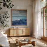 Paradise by Albena Hristova. Shown in a natural wood frame in a cozy modern living room. Available as an archival giclee rolled canvas, fine art paper, or poster print. SKU 57916a.