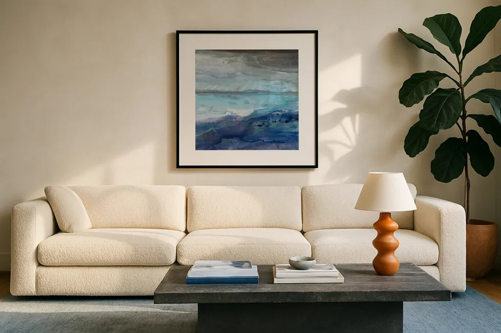 Paradise by Albena Hristova. Displayed in a glass frame with matte in a clean modern living room. Available as an archival giclee rolled canvas, fine art paper, or poster print. SKU 57916a.