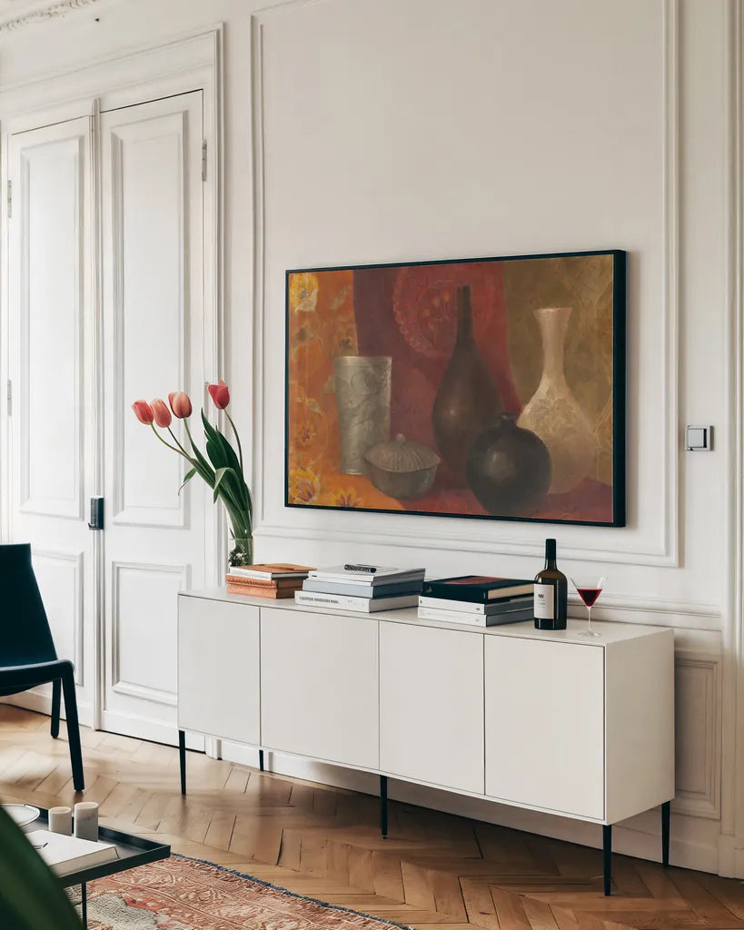 Patterned Vessels by Albena Hristova. shown as a framed stretched canvas in a living room above a console. Available as a archival giclee rolled canvas, fine art paper, or poster print. SKU 1092i.