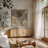 Phoenix Neutral by Albena Hristova. Shown in a natural wood frame in a cozy modern living room. Available as an archival giclee rolled canvas, fine art paper, or poster print. SKU 18643a.