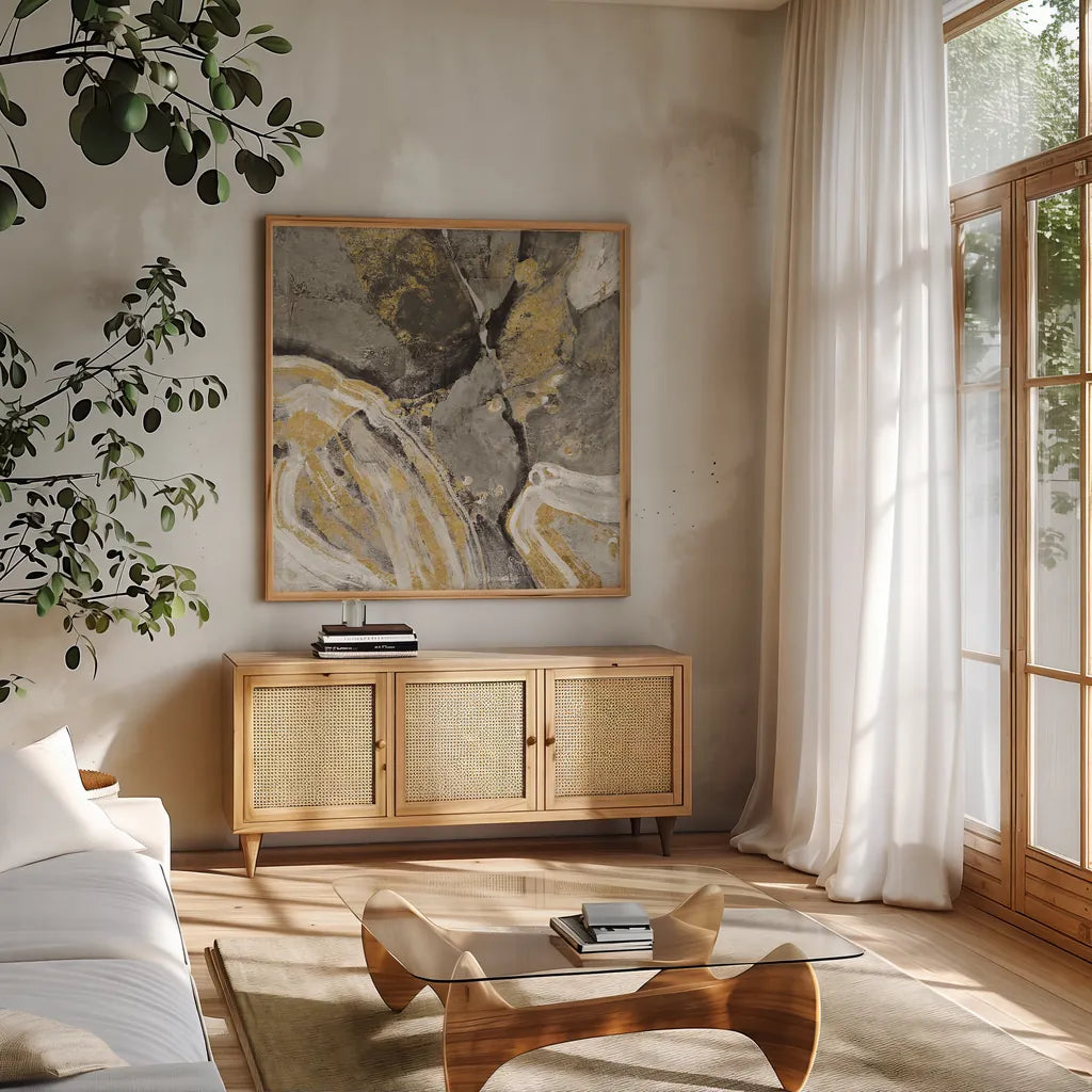 Phoenix Neutral by Albena Hristova. Shown in a natural wood frame in a cozy modern living room. Available as an archival giclee rolled canvas, fine art paper, or poster print. SKU 18643a.