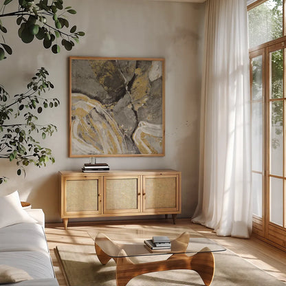 Phoenix Neutral by Albena Hristova. Shown in a natural wood frame in a cozy modern living room. Available as an archival giclee rolled canvas, fine art paper, or poster print. SKU 18643a.