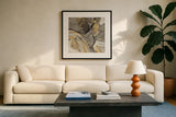 Phoenix Neutral by Albena Hristova. Displayed in a glass frame with matte in a clean modern living room. Available as an archival giclee rolled canvas, fine art paper, or poster print. SKU 18643a.