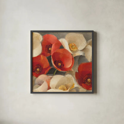 Poppies Bloom II by Albena Hristova. Shown in a sleek black glass frame for a contemporary gallery look. Available as an archival giclee rolled canvas, fine art paper, or poster print. SKU 8857a.