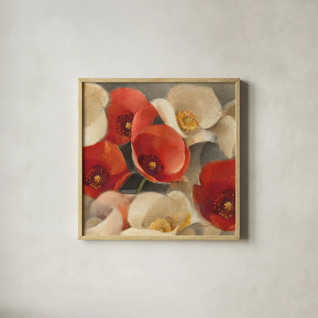 Poppies Bloom II by Albena Hristova. Shown in a natural wood glass frame for a timeless modern aesthetic. Available as an archival giclee rolled canvas, fine art paper, or poster print. SKU 8857a.
