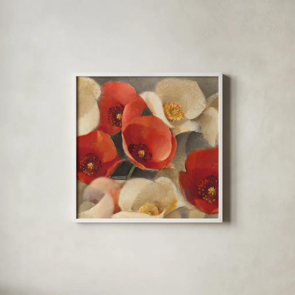 Poppies Bloom II by Albena Hristova. Shown in a crisp white glass frame for a clean and minimalist style. Available as an archival giclee rolled canvas, fine art paper, or poster print. SKU 8857a.