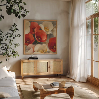 Poppies Bloom II by Albena Hristova. Shown in a natural wood frame in a cozy modern living room. Available as an archival giclee rolled canvas, fine art paper, or poster print. SKU 8857a.