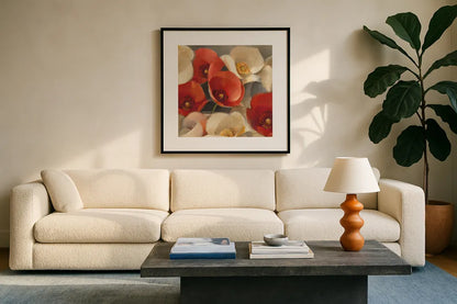Poppies Bloom II by Albena Hristova. Displayed in a glass frame with matte in a clean modern living room. Available as an archival giclee rolled canvas, fine art paper, or poster print. SKU 8857a.