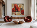 Poppies Bloom II by Albena Hristova. Shown as extra-large giant wall art in a modern living room. Available as an archival giclee rolled canvas, fine art paper, or poster print. SKU 8857a.