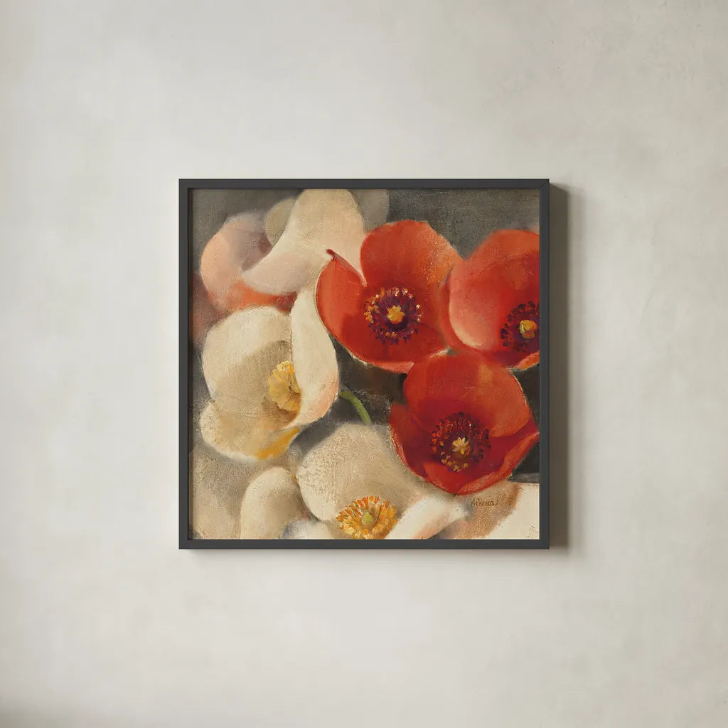 Poppies Bloom III by Albena Hristova. Shown in a sleek black glass frame for a contemporary gallery look. Available as an archival giclee rolled canvas, fine art paper, or poster print. SKU 8858a.