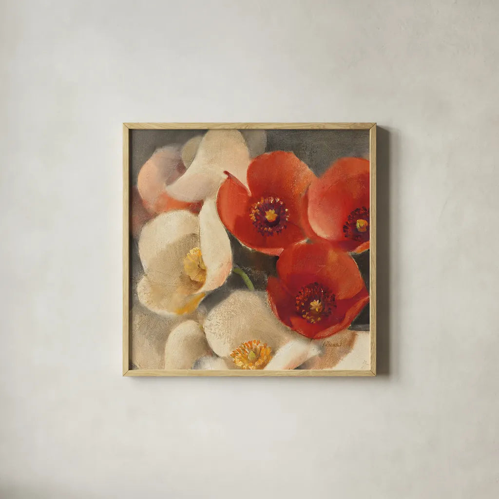 Poppies Bloom III by Albena Hristova. Shown in a natural wood glass frame for a timeless modern aesthetic. Available as an archival giclee rolled canvas, fine art paper, or poster print. SKU 8858a.