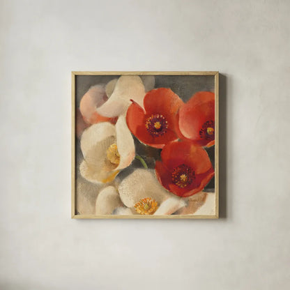 Poppies Bloom III by Albena Hristova. Shown in a natural wood glass frame for a timeless modern aesthetic. Available as an archival giclee rolled canvas, fine art paper, or poster print. SKU 8858a.