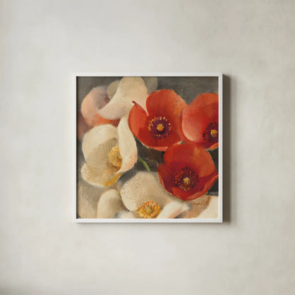 Poppies Bloom III by Albena Hristova. Shown in a crisp white glass frame for a clean and minimalist style. Available as an archival giclee rolled canvas, fine art paper, or poster print. SKU 8858a.