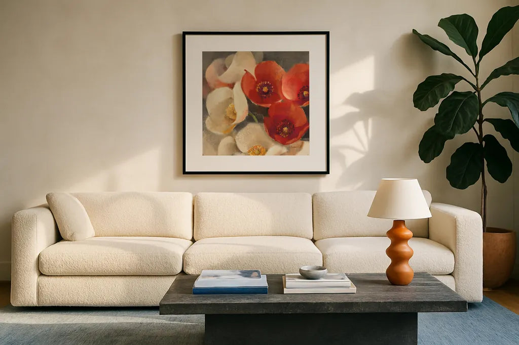 Poppies Bloom III by Albena Hristova. Displayed in a glass frame with matte in a clean modern living room. Available as an archival giclee rolled canvas, fine art paper, or poster print. SKU 8858a.
