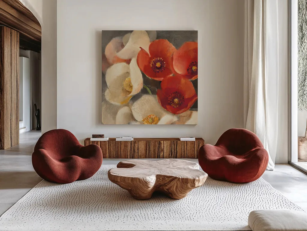 Poppies Bloom III by Albena Hristova. Shown as extra-large giant wall art in a modern living room. Available as an archival giclee rolled canvas, fine art paper, or poster print. SKU 8858a.