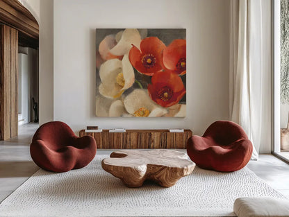 Poppies Bloom III by Albena Hristova. Shown as extra-large giant wall art in a modern living room. Available as an archival giclee rolled canvas, fine art paper, or poster print. SKU 8858a.