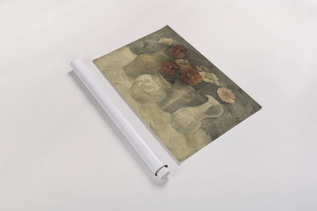 Poppies in White by Albena Hristova. shown as a rolled paper print. Available as archival giclee rolled canvas, fine art paper, or poster print. SKU 4217i.