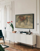 Poppies in White by Albena Hristova. shown as a framed stretched canvas in a living room above a console. Available as a archival giclee rolled canvas, fine art paper, or poster print. SKU 4217i.