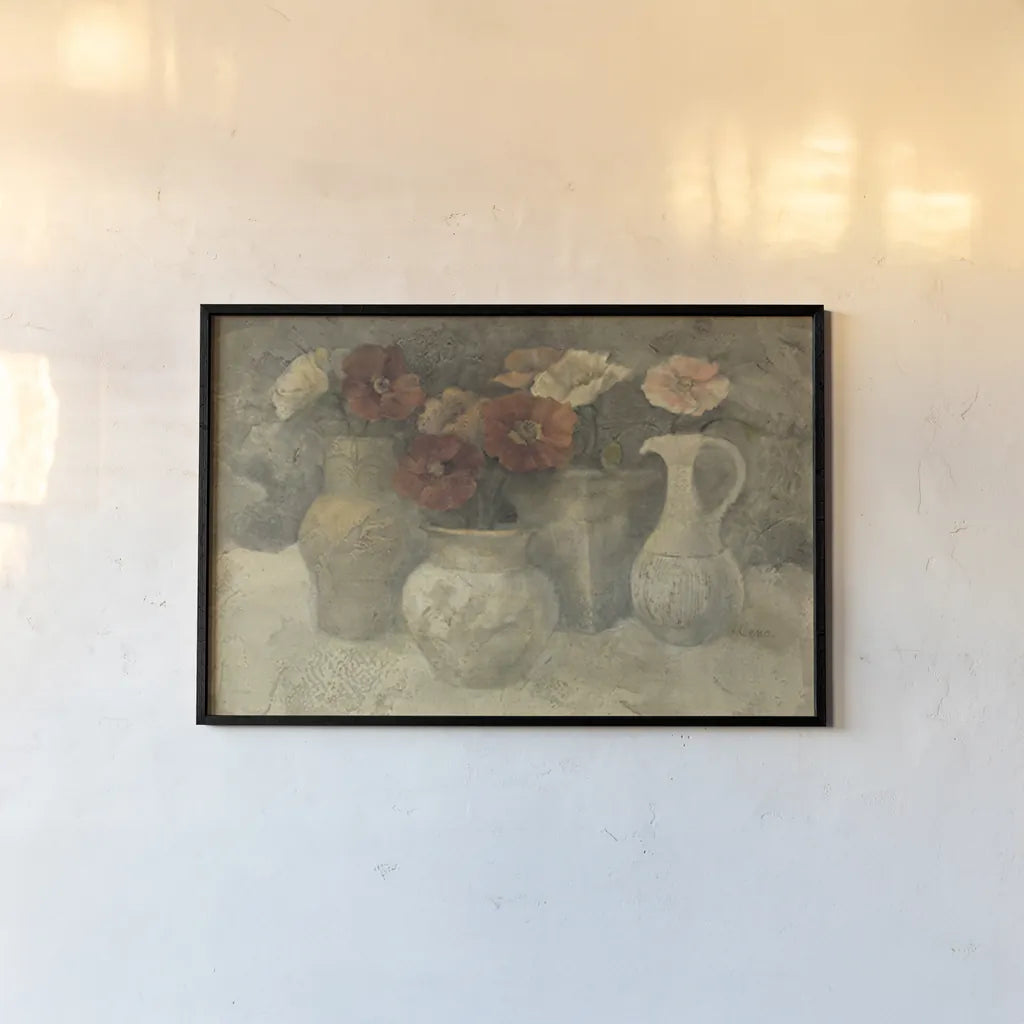 Poppies in White by Albena Hristova. shown as a paper print in a black flame. Available as a archival giclee rolled canvas, fine art paper, or poster print. SKU 4217i.