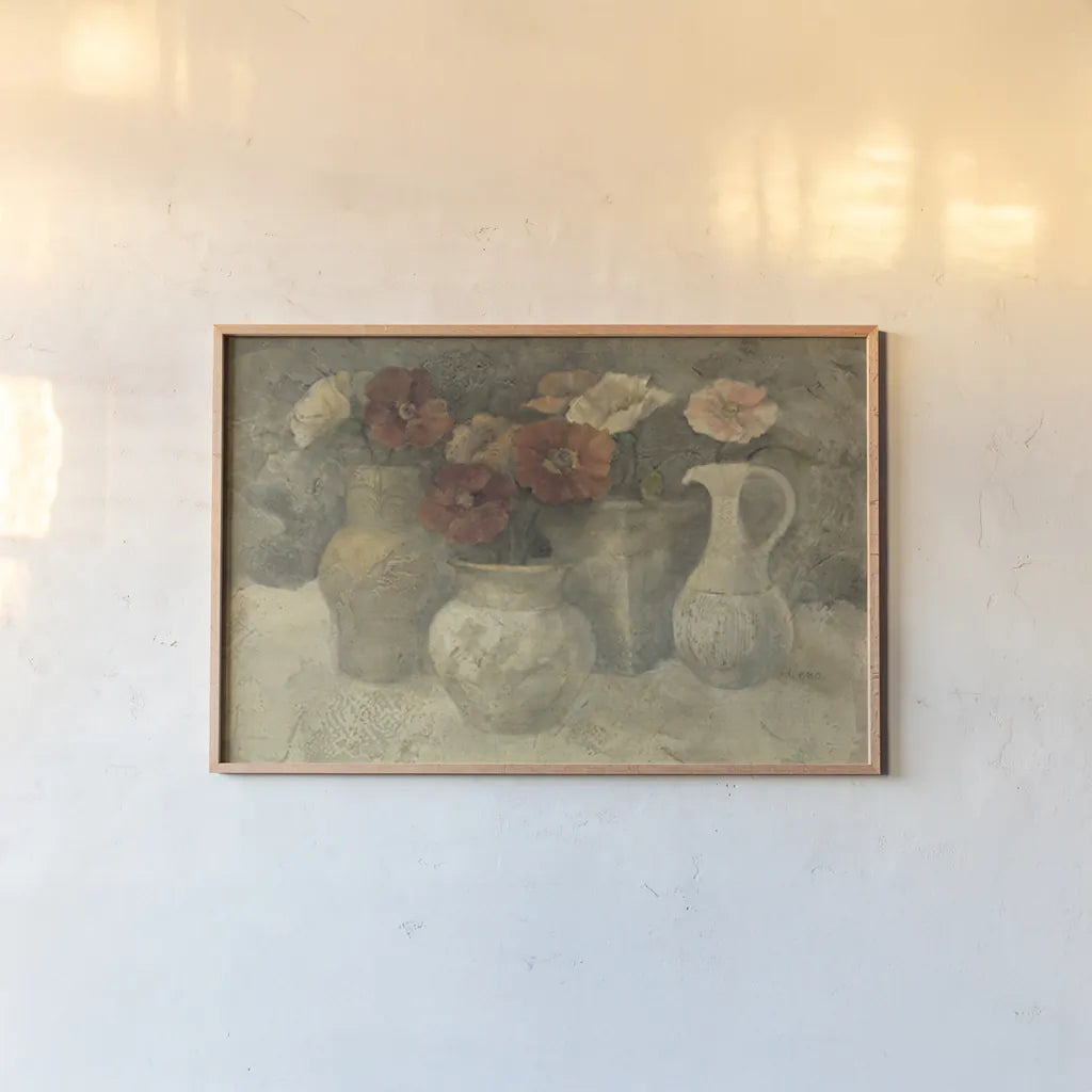 Poppies in White by Albena Hristova. shown as a paper print in a natural frame. Available as a archival giclee rolled canvas, fine art paper, or poster print. SKU 4217i.