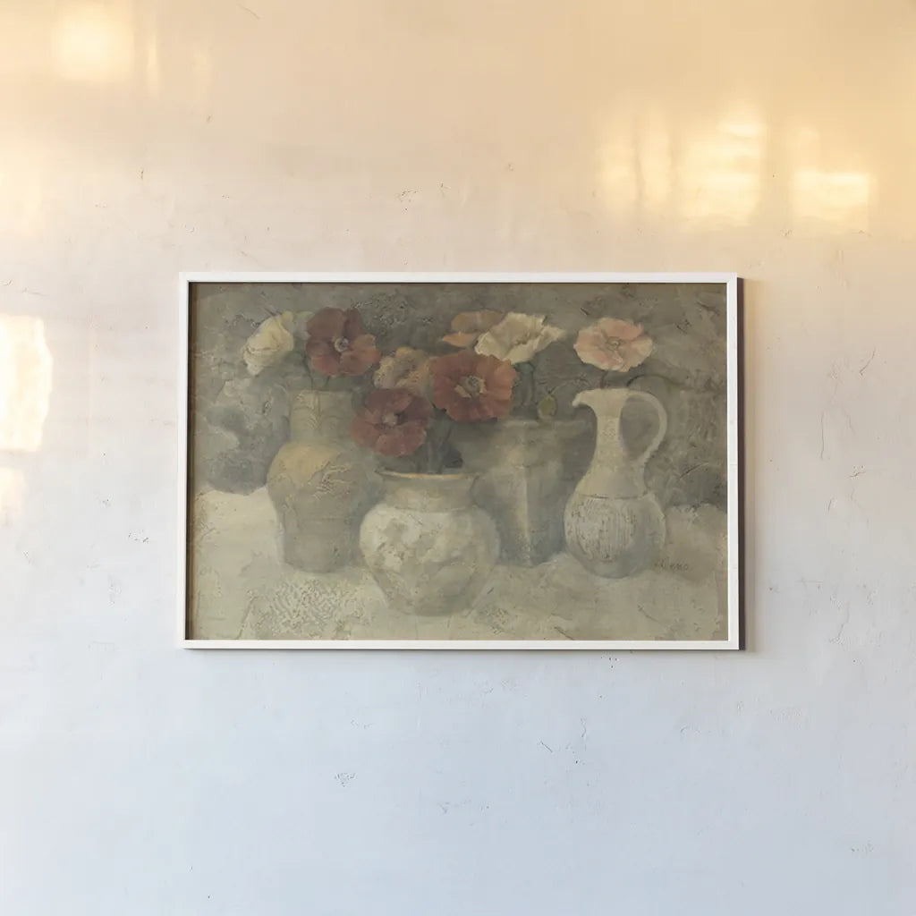 Poppies in White by Albena Hristova. shown as a paper print in a white frame. Available as a archival giclee rolled canvas, fine art paper, or poster print. SKU 4217i.