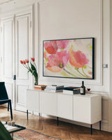 Poppies in the Breeze by Albena Hristova. shown as a framed stretched canvas in a living room above a console. Available as a archival giclee rolled canvas, fine art paper, or poster print. SKU 58783i.
